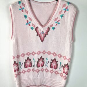 Vintage Sweater Vest Medium* Embroidered Floral Pink 90's‎ Cottage Grandmacore